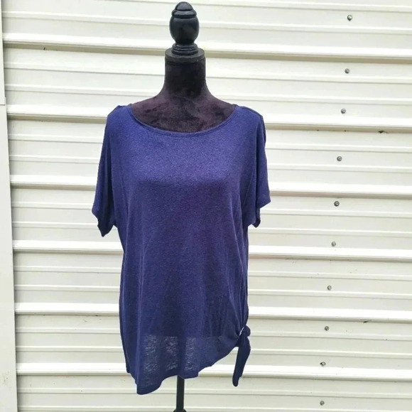 NWT $74 Michael Michael Kors Women's Sz L Navy Blue Linen Blend Tie Side T-Shirt - Picture 1 of 10